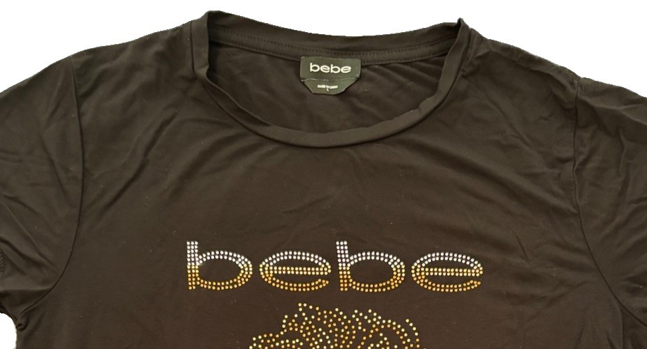 bebe Women’s T Shirt Top Black Jewel Studded Lion Logo Short Sleeve Stretch Sz M