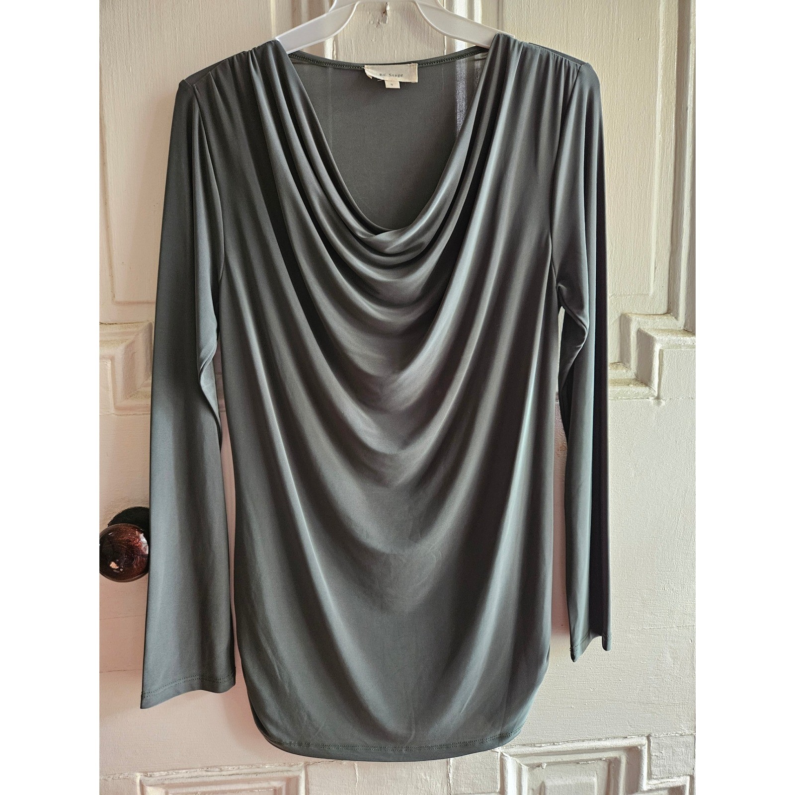 Be Stage Women Long Sleeve Cowl Neck Top Olive Draped Blouse PT11656 Med
