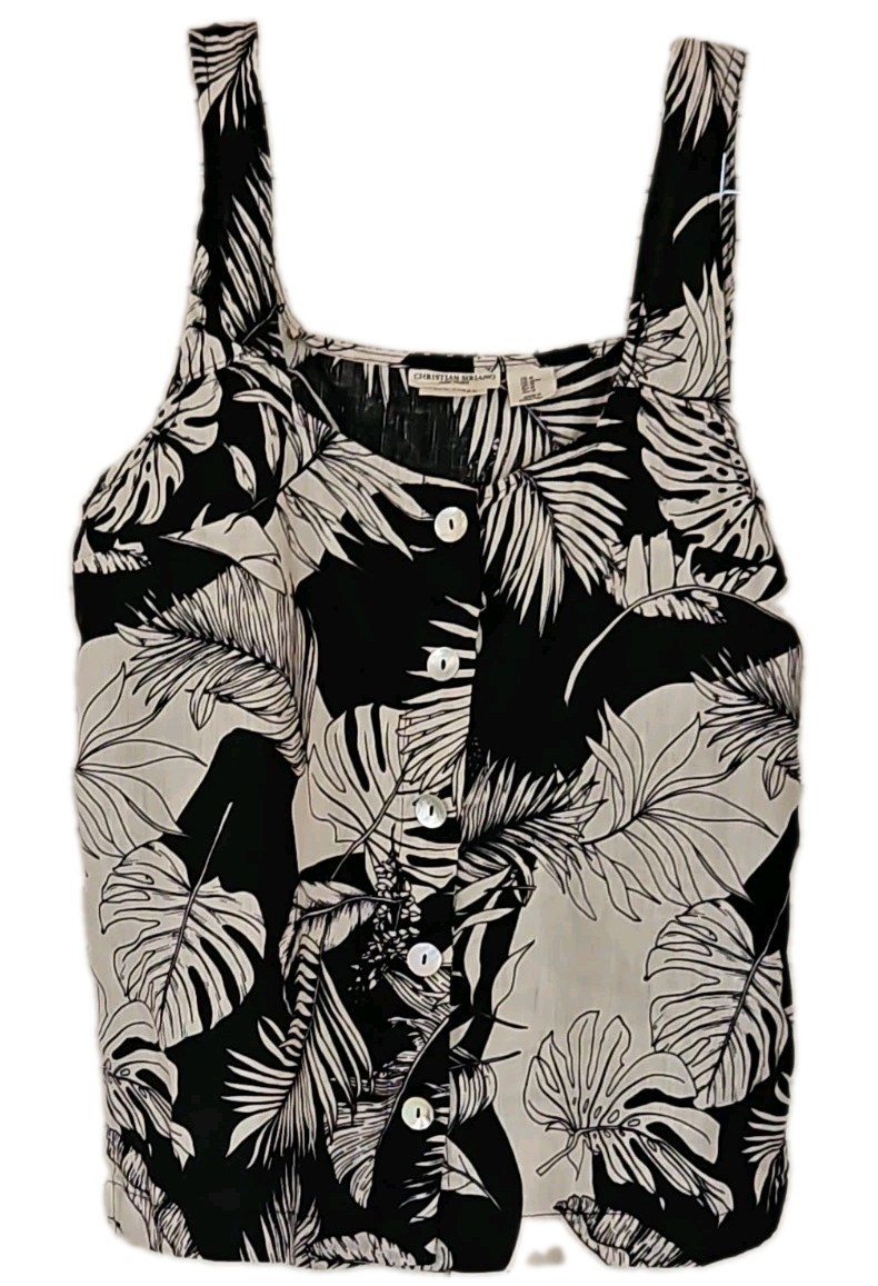 Christian Siriano New York Blouse Linen Black White Hawaiian Square Neck Medium