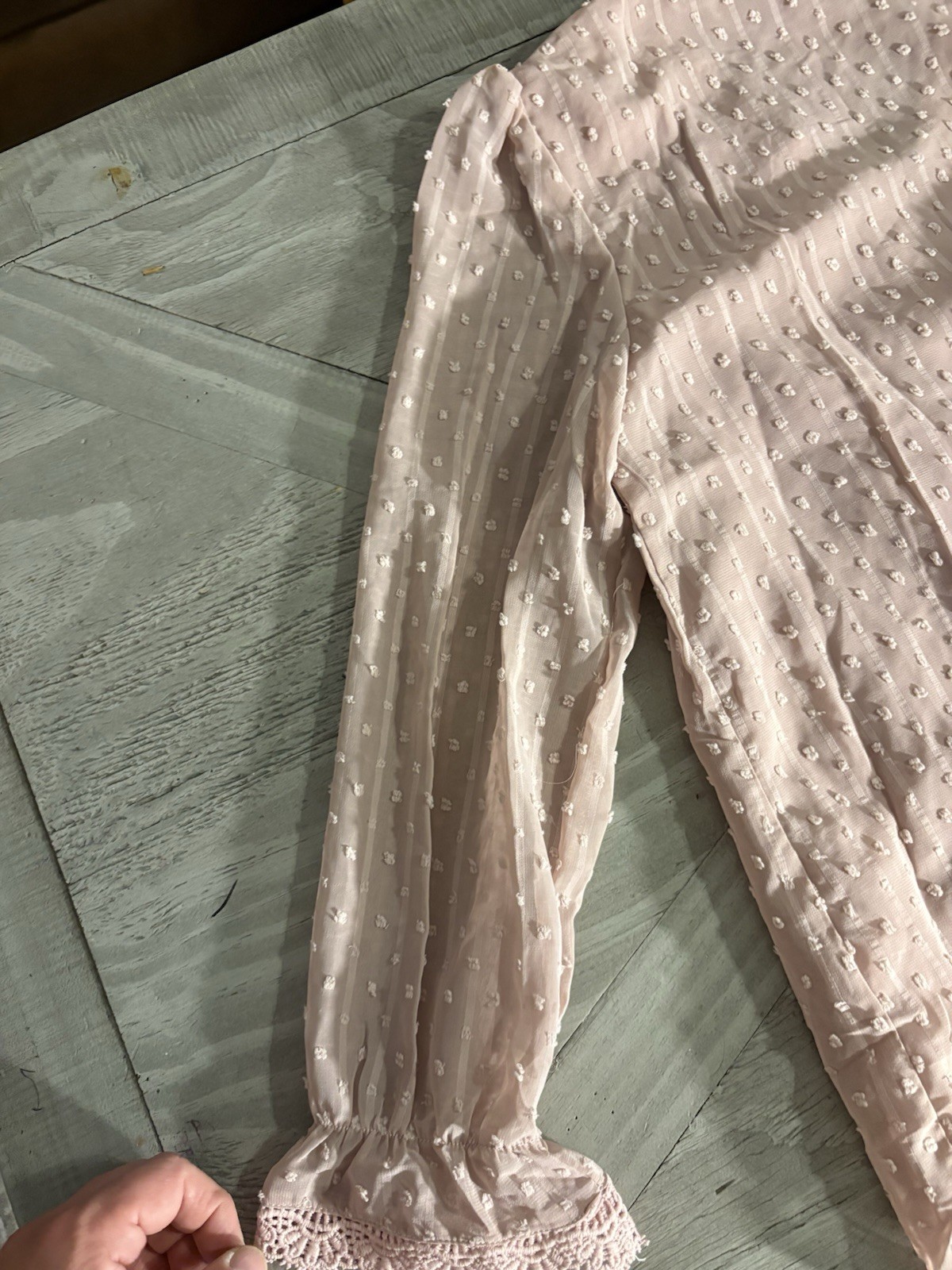 Women’s Pink Chiffon Sheer Polka Dot V-Neck Long Sleeve Lace Ruffle Blouse S/M