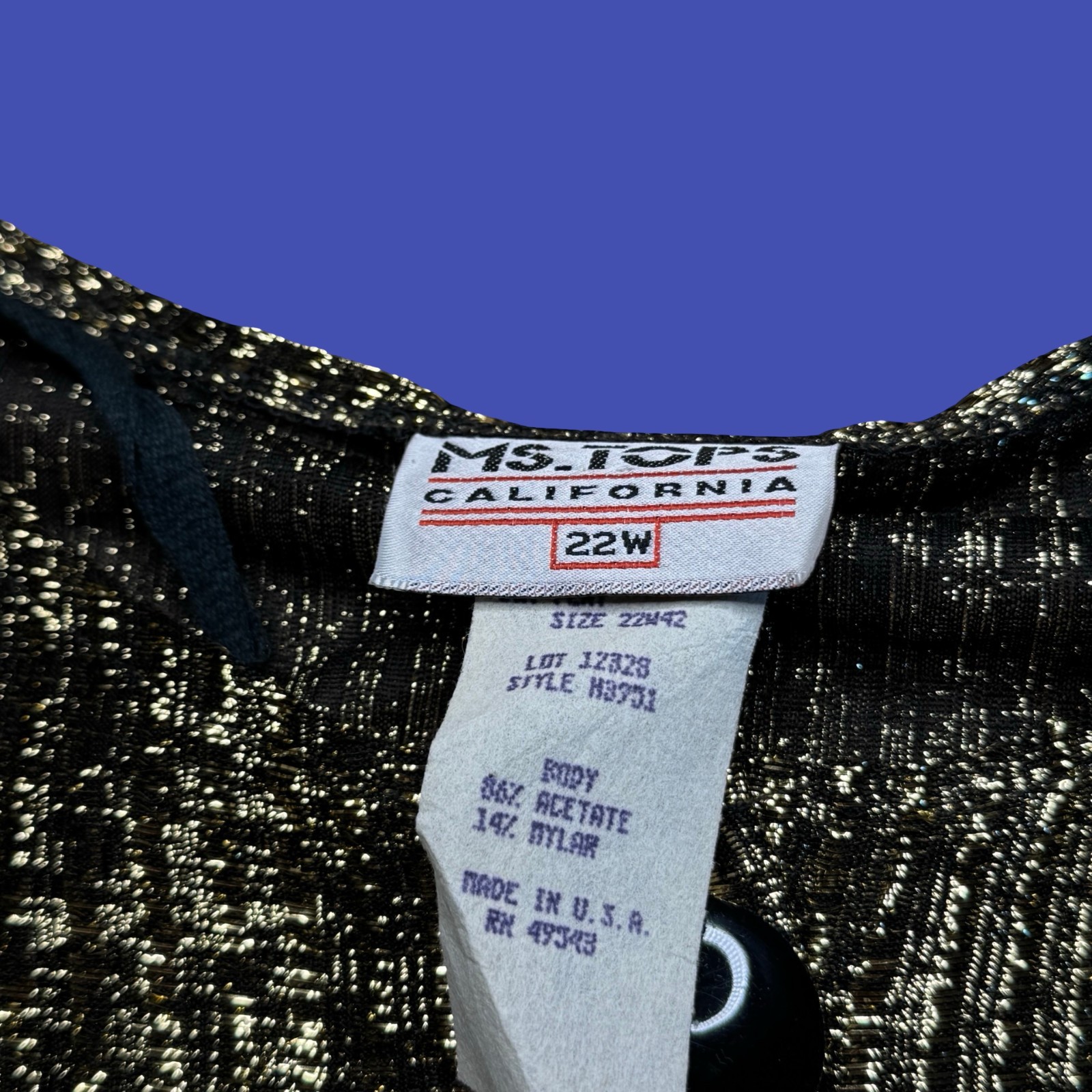 MS Tops California Blouse Womens 22W Black Gold Metallic Button Front USA