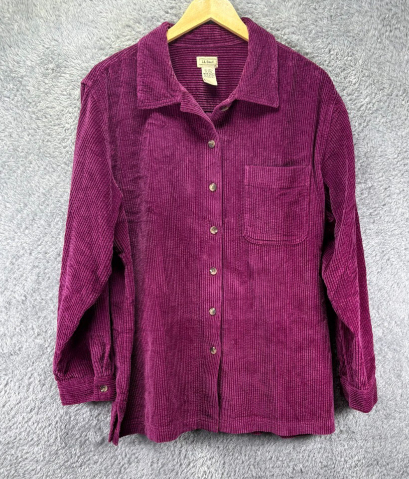 L.L. Bean Women XL Corduroy Shirt Jacket Purple Button Up Cotton Shacket Pocket
