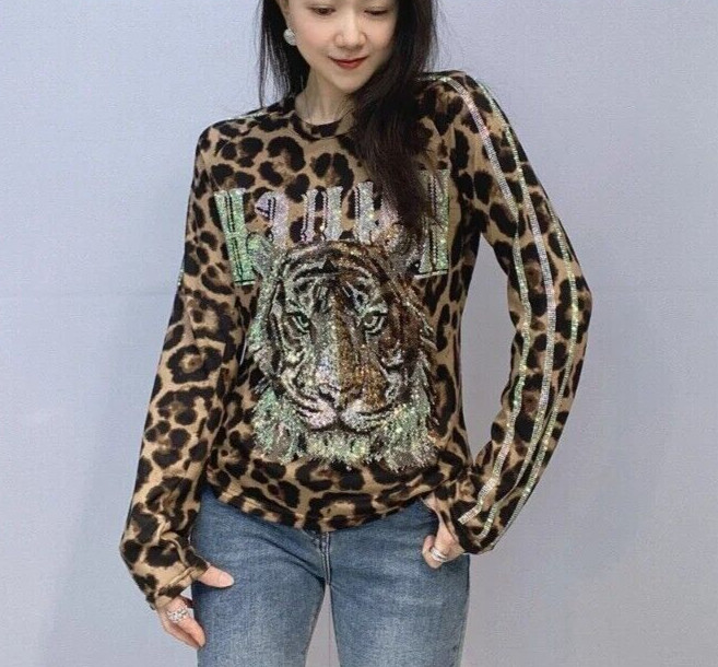 New Women Luxury Diamond Tiger Rhinestones Fashion Long Pullover High Quality