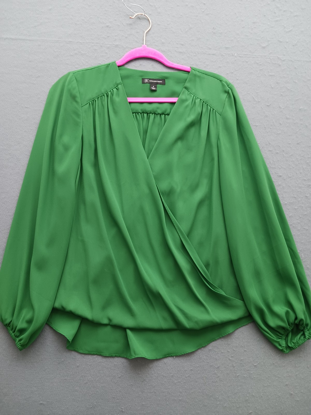 INC Women M Blouse Green Polyester V-Neck Long Sleeve Faux Wrap Relaxed Casual