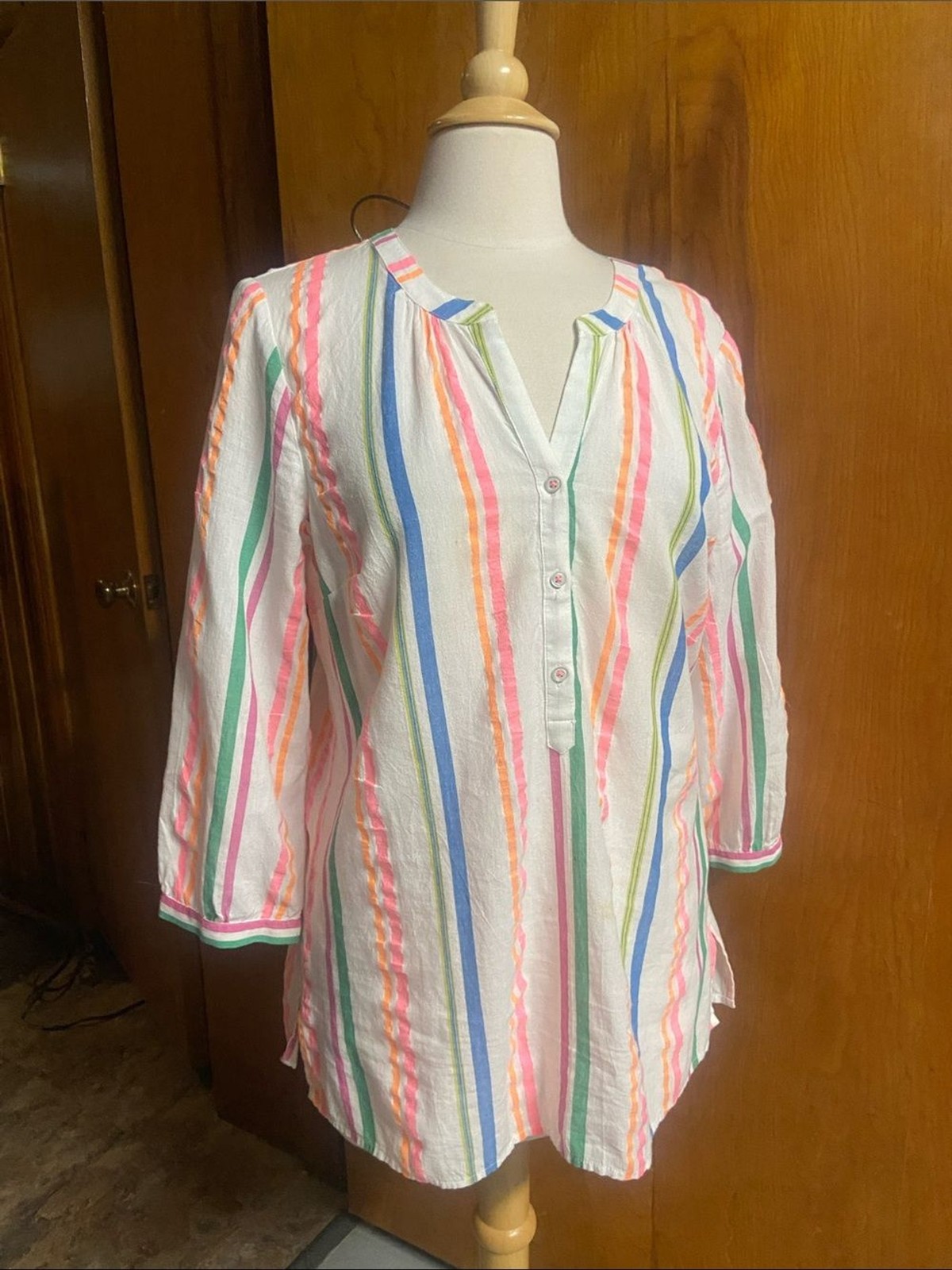 TALBOTS Neon Coastal Grandma White Multicolor NEON Stripe Button Henley Tunic M