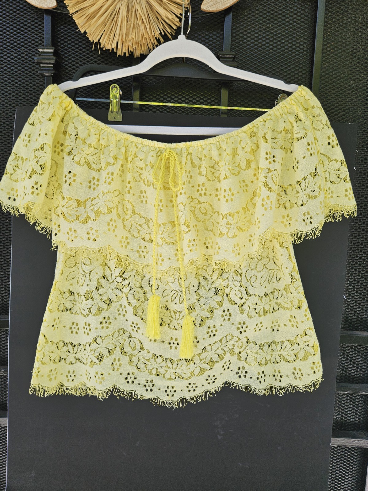 Flying Tomato Yellow Lace Off-Shoulder Boho Top With Tassels Size M