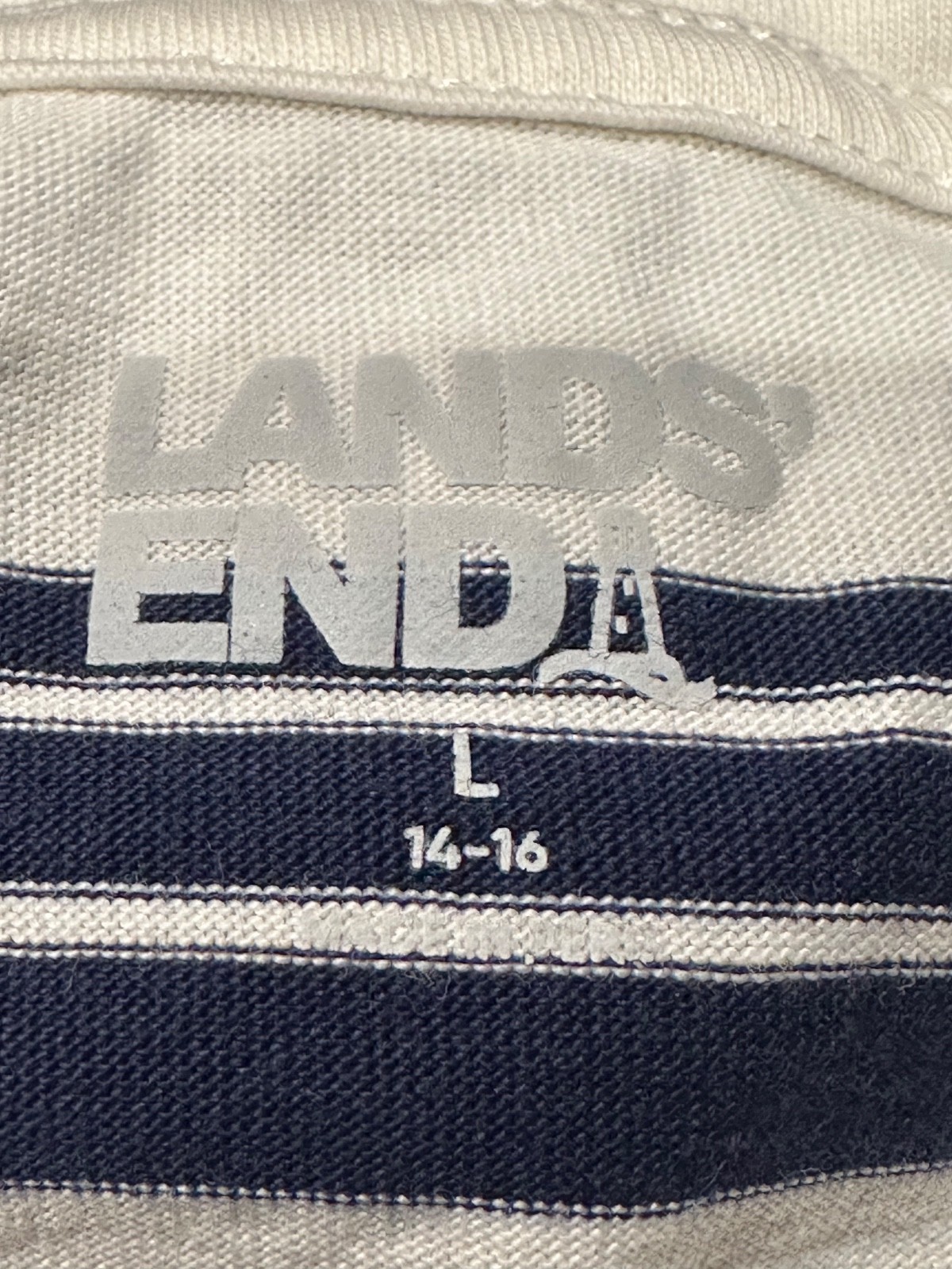 Lands End Nautical Stripe Cotton Knit Polo Pullover Womens L 14 16 Blue White