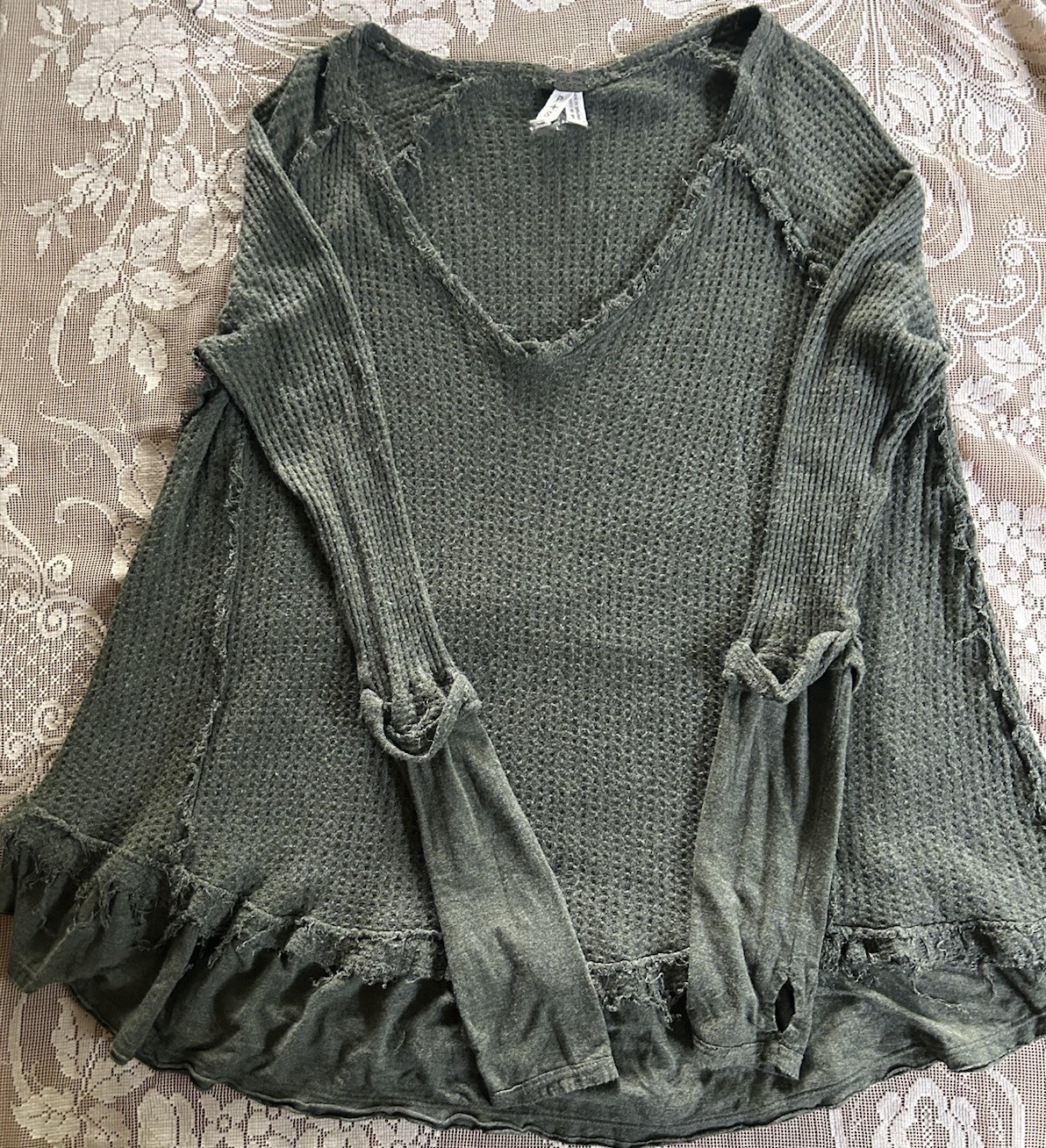 We The Free Army Green Tunic Thermal Top Ruffle Raw Edge Loose Fit Small