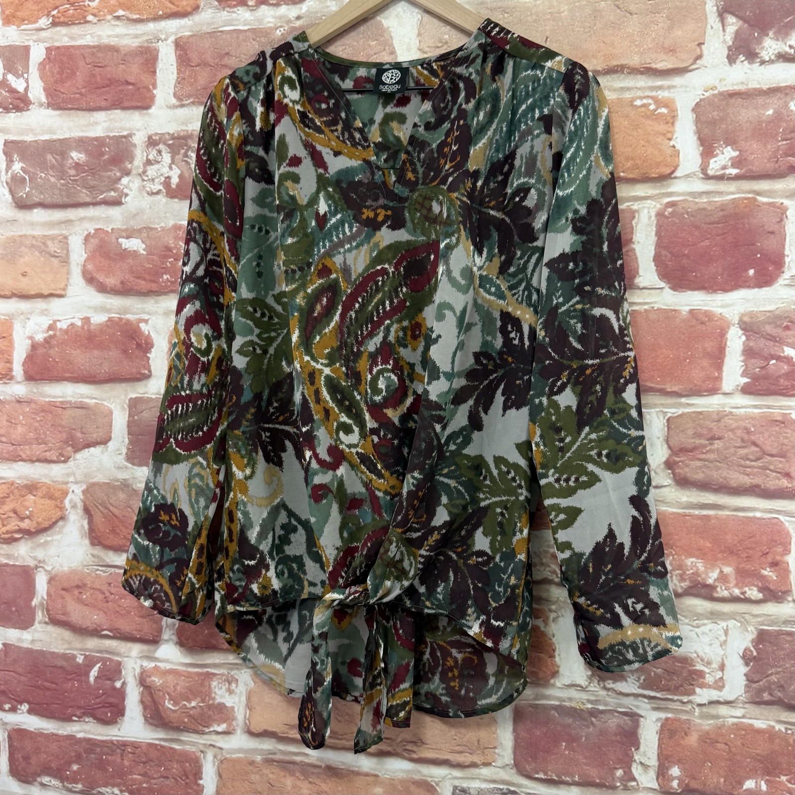 Bobeau Top Womens Medium Multicolor Boho Floral Tie Waist Sheer Casual Shirt