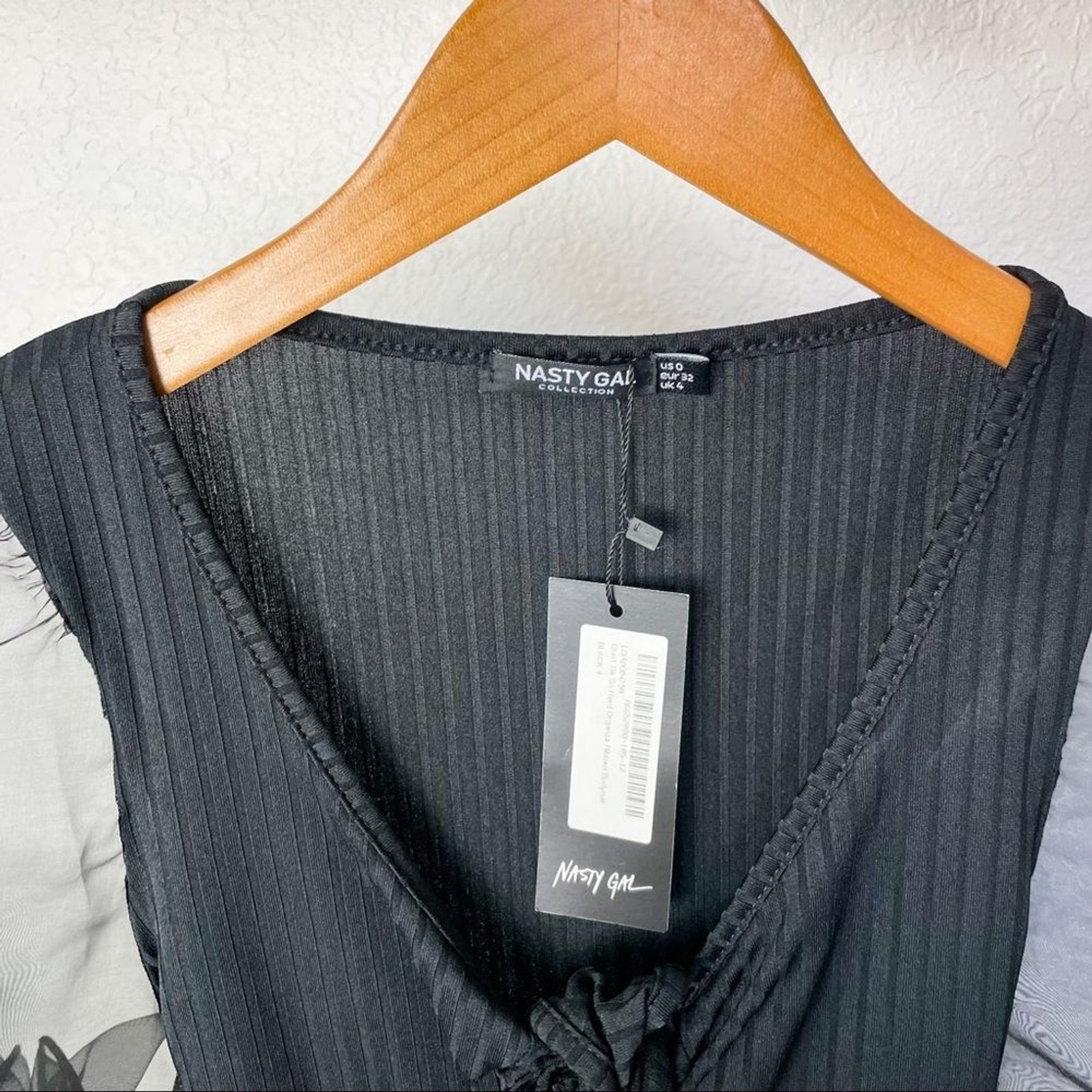 New Nasty Gal Black Sheer Mesh Puff Sleeve Ribbed Bodysuit Whimsigoth Size 8