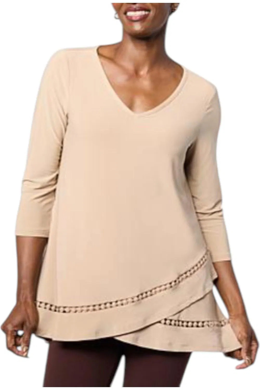 Nina Leonard Women’s 3/4-Sleeve Trim Inset V-Neck Tunic Golden Tan