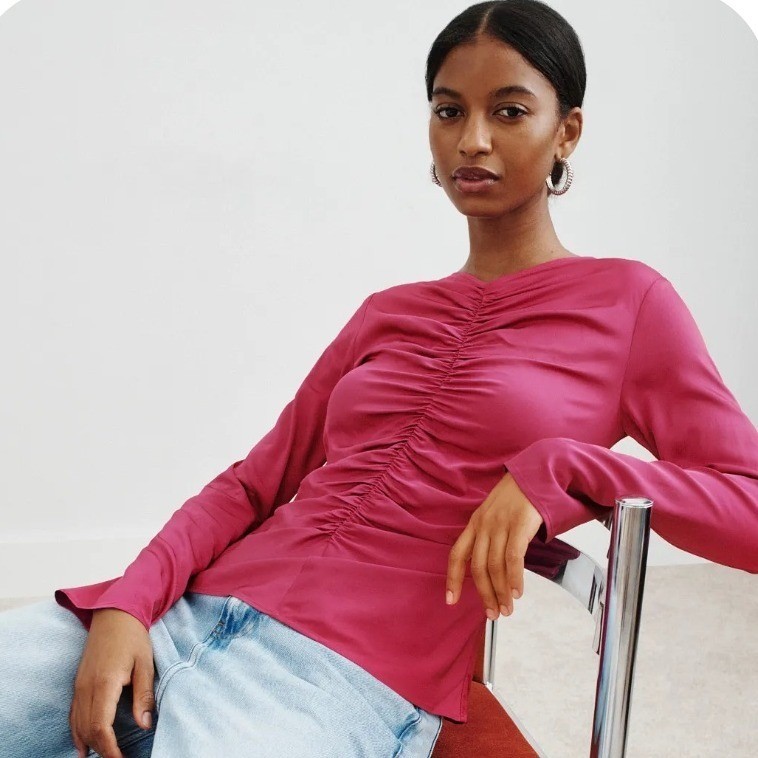 Third Form Allure Gathered Long Sleeve Blouse Top Berry Red V-Neck Sz 12 US
