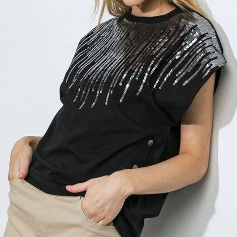 Cotton Knit Silver Sequin Detail Top Black Small