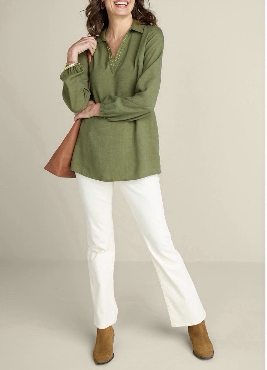 Soft Surrounding Size-M Womens Blouse Tunic Tencel Olive