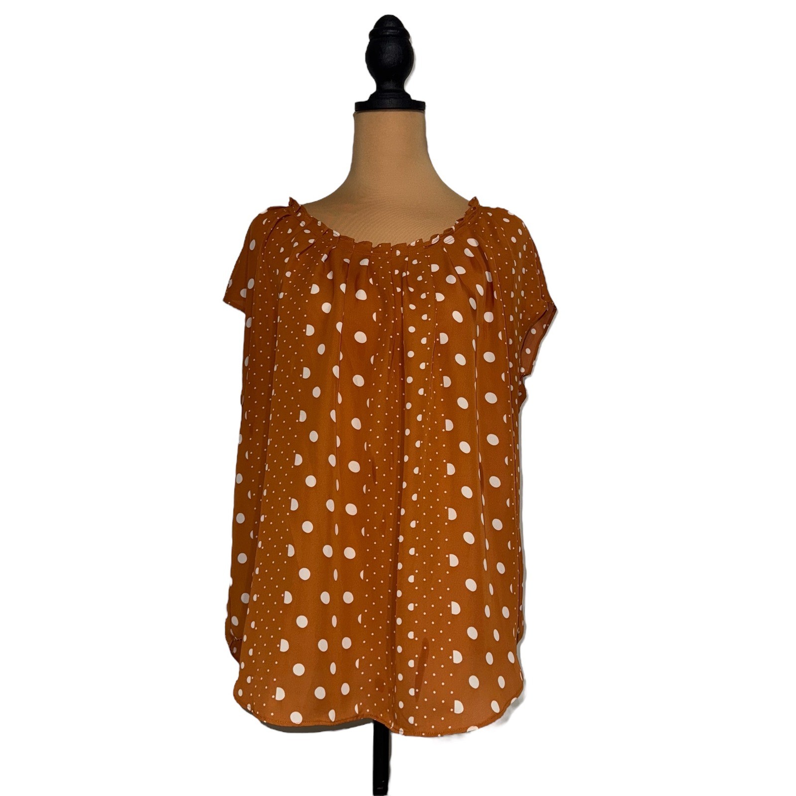 LC Lauren Conrad XL Blouse Top Rust Orange White Polka Dot Tie Back