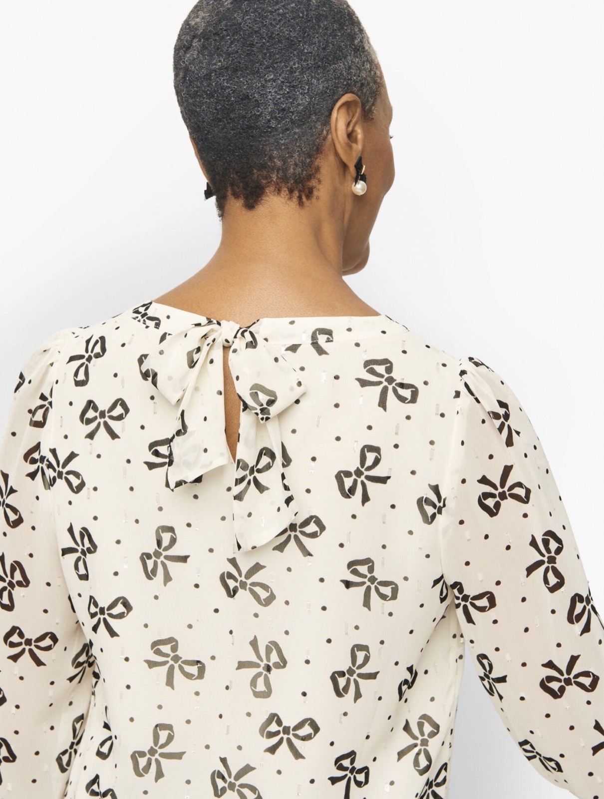 Talbots plus 2x Ivory Bow Ribbon Print Long Sleeve Top metallic silver victorian