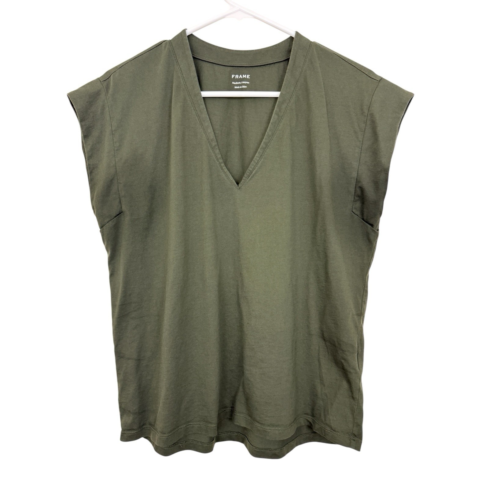 Frame V Neck Tee Size Medium Dark Army Green Cotton LWTS0826