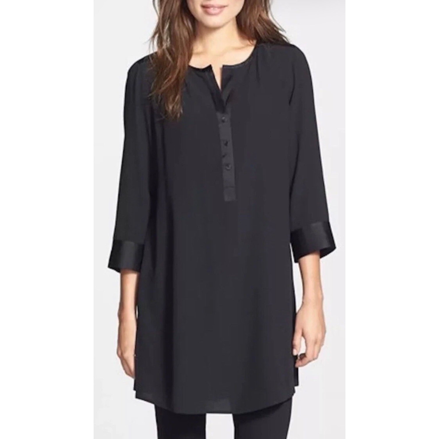 Eileen Fisher Silk Georgette Crepe Henley Tunic Dress Black Petite PP F4GC