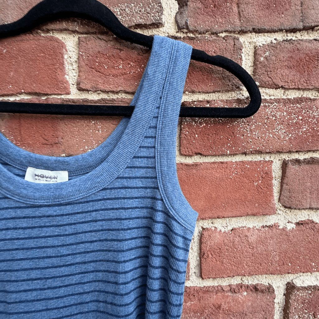 Haven Well Within $58 Women’s Scoop Neck Ribbed Striped Tank Top Blue L NEW