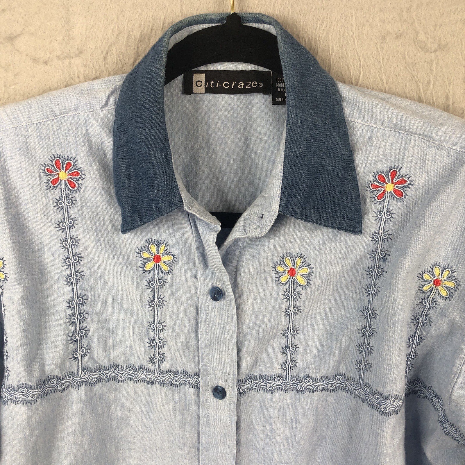 Vintage Citicraze Top Womens Medium Blue Chambray Embroidery Farmhouse Country