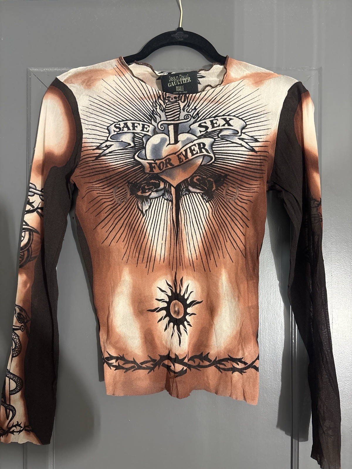 Jean Paul Gaultier Safe Sex Tattoo Dragon Sheer Mesh Long Sleeve Top S