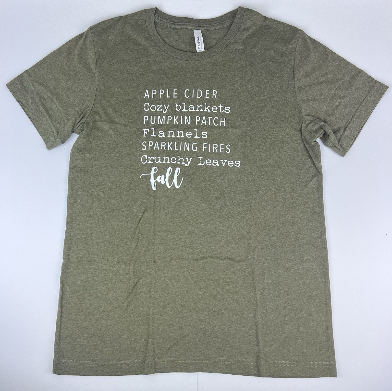 Bella Canvas Women’s Fall T Shirt Tee Heather Green Leaves Pumpkin Fires Sz. M