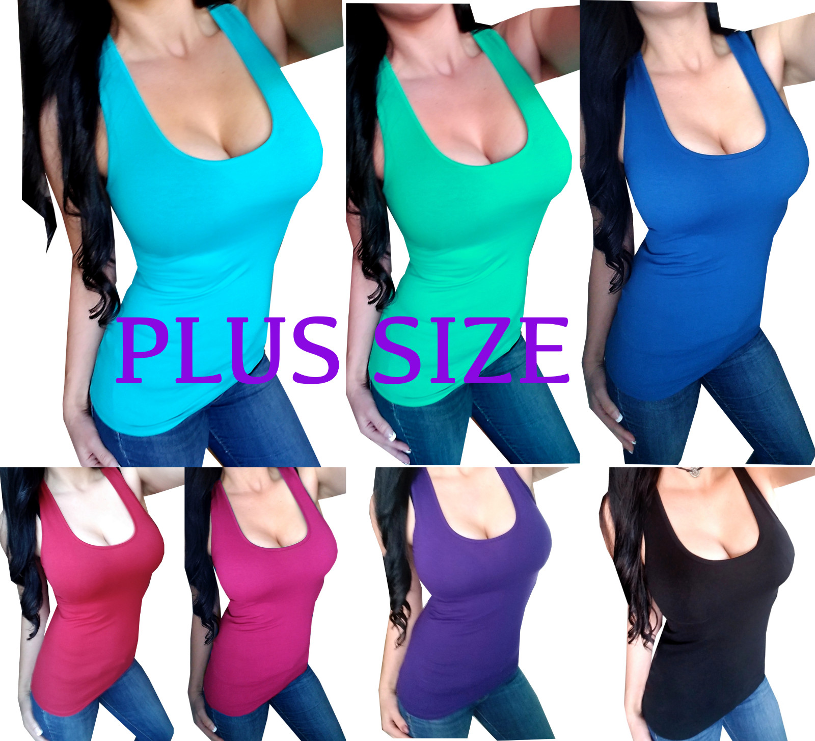 PLUS SIZE Sexy Low-cut Cotton Women’s Racerback Sleeveless Solid Tank Top Shirt