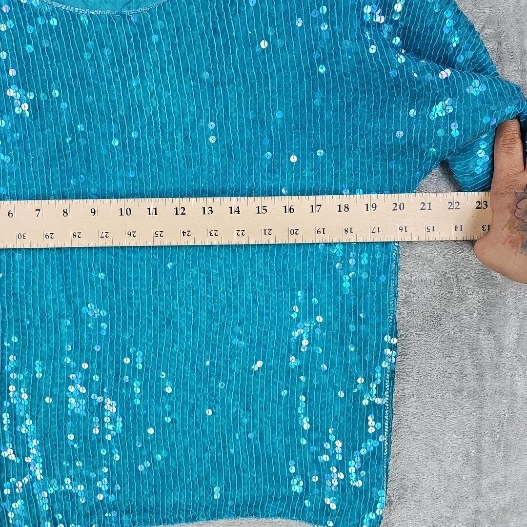 Vintage Jean For Joseph Le Bon Top Womens S Aqua Pure Silk Sequin Shoudler Pads
