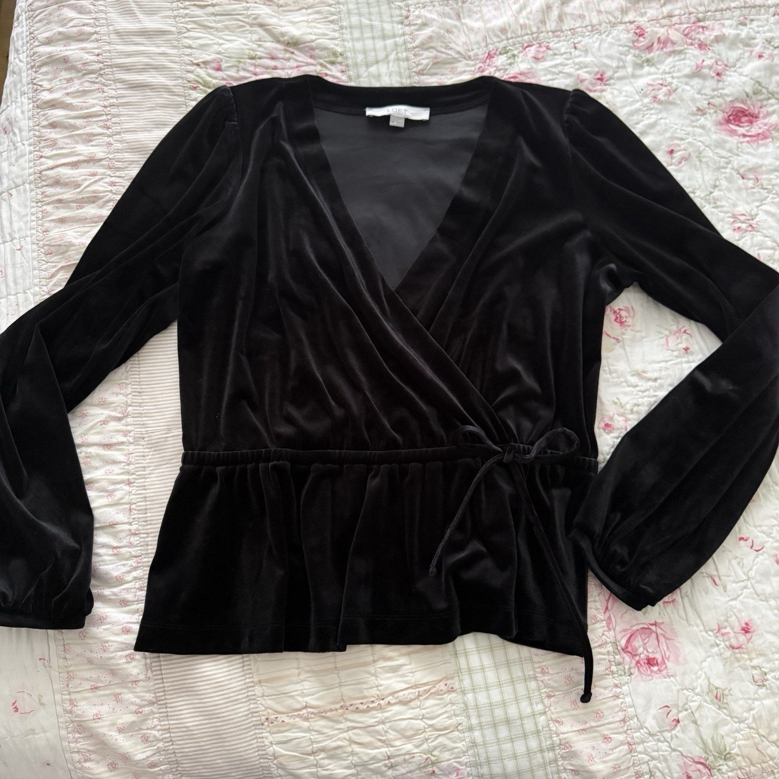 LOFT Size M Black Velvet Faux Wrap Peplum Blouse Long Sleeves Whimsigoth Whimsy