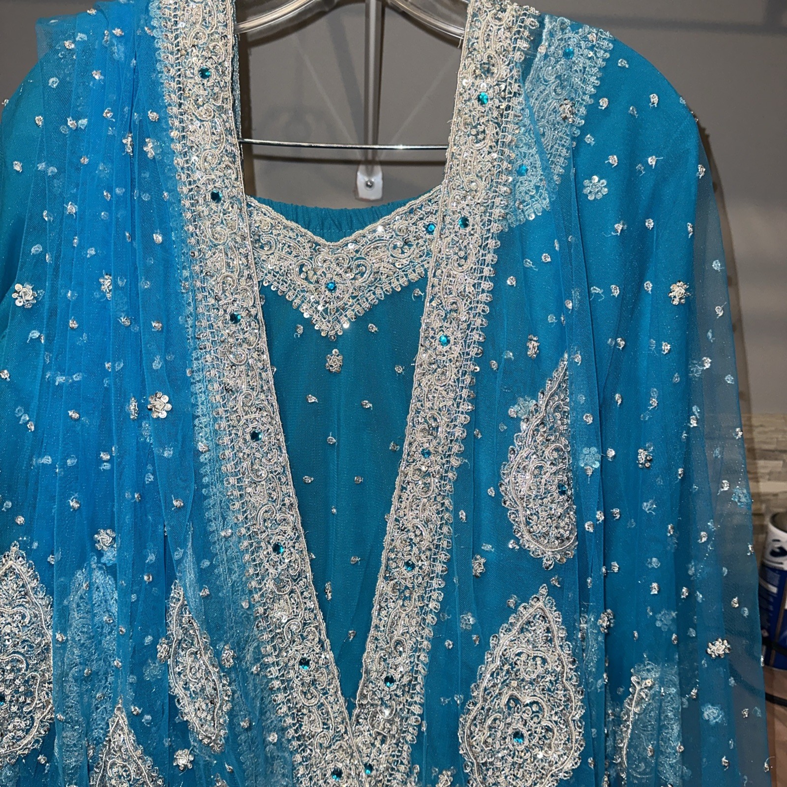 Bollywood Pakistani Party Wear blue/Silver Work on net sharara ,Shirt,Dupatta