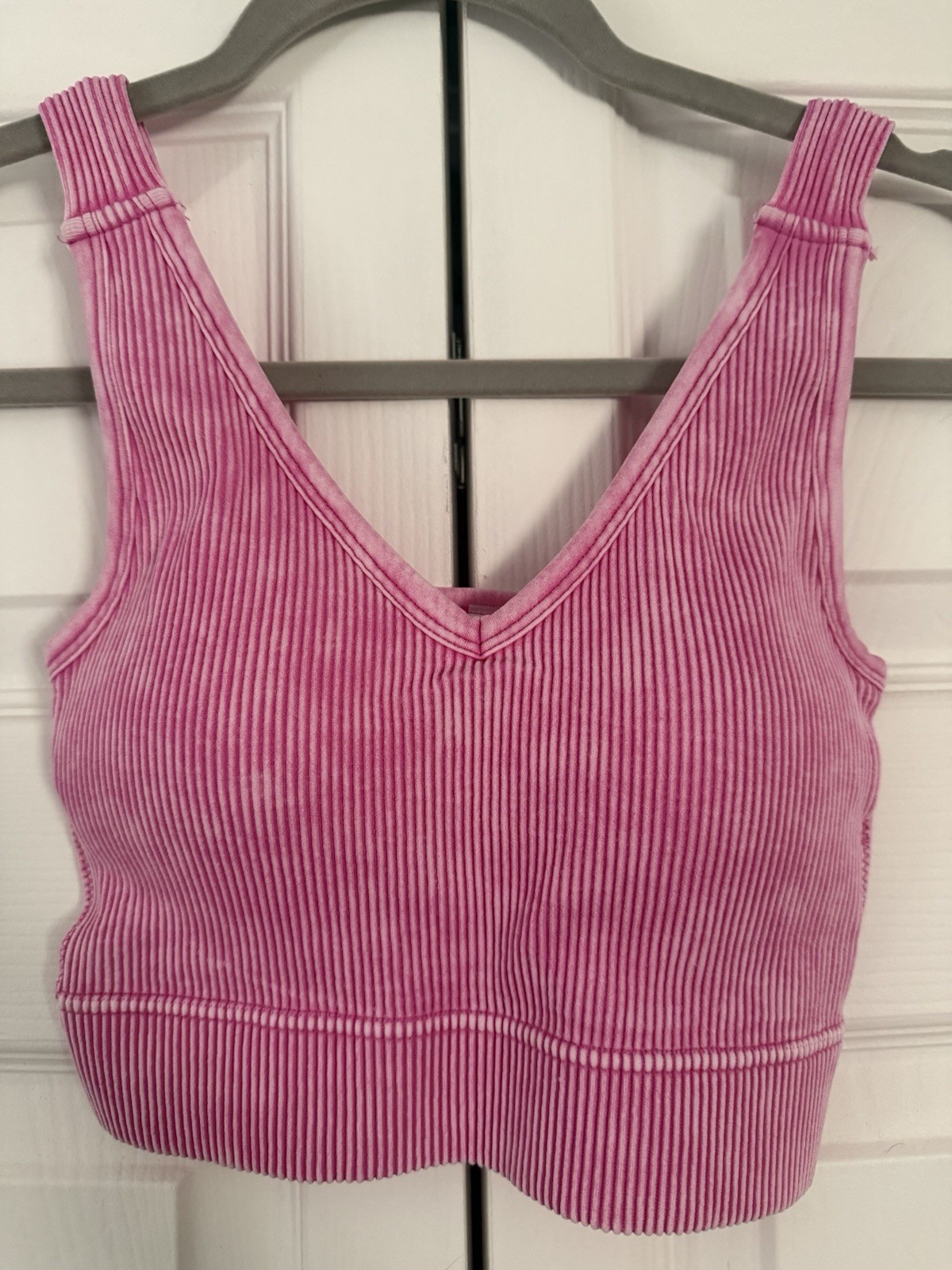 Zenana Ribbed Stone Wash V Neck Bralette PADDED BRIGHT MAUVE S/M Style# 6275 NEW