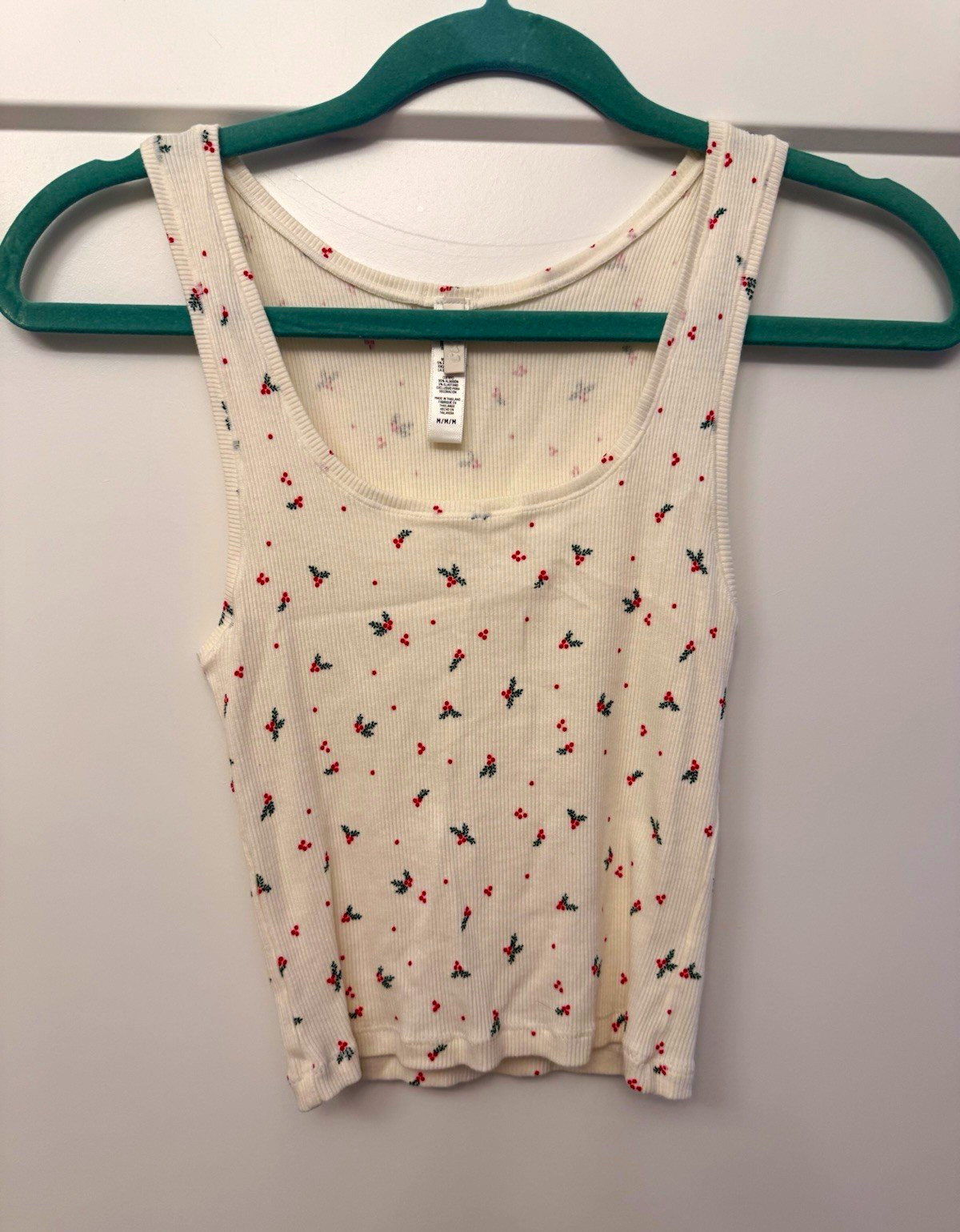 Skims Ribbed Knit Tank Top White Floral Cherry Print Scoop Neck Wide Strap M