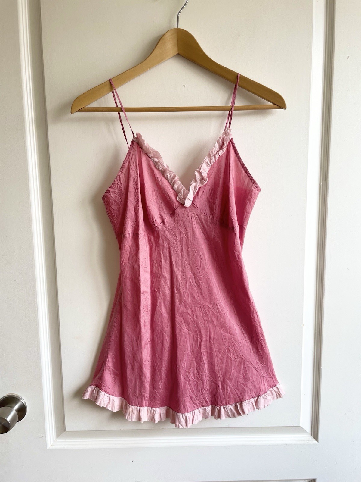 Vintage 100% Silk Pink Babydoll Ruffle Slip Dress Top Size Small Y2K