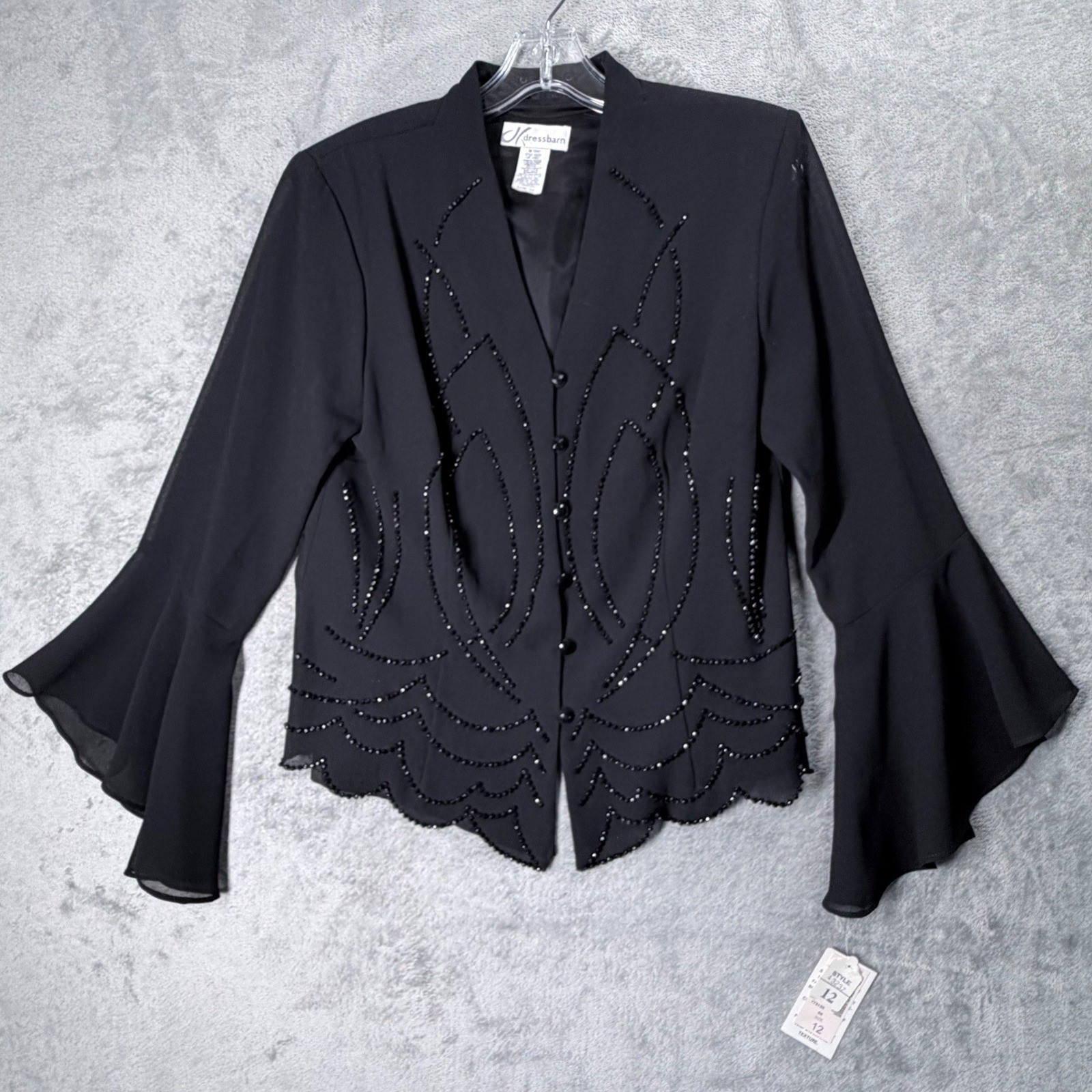 Dressbarn Blouse Womens 12 Black Beaded Bell Sleeve Scalloped Hem V-Neck Jacket
