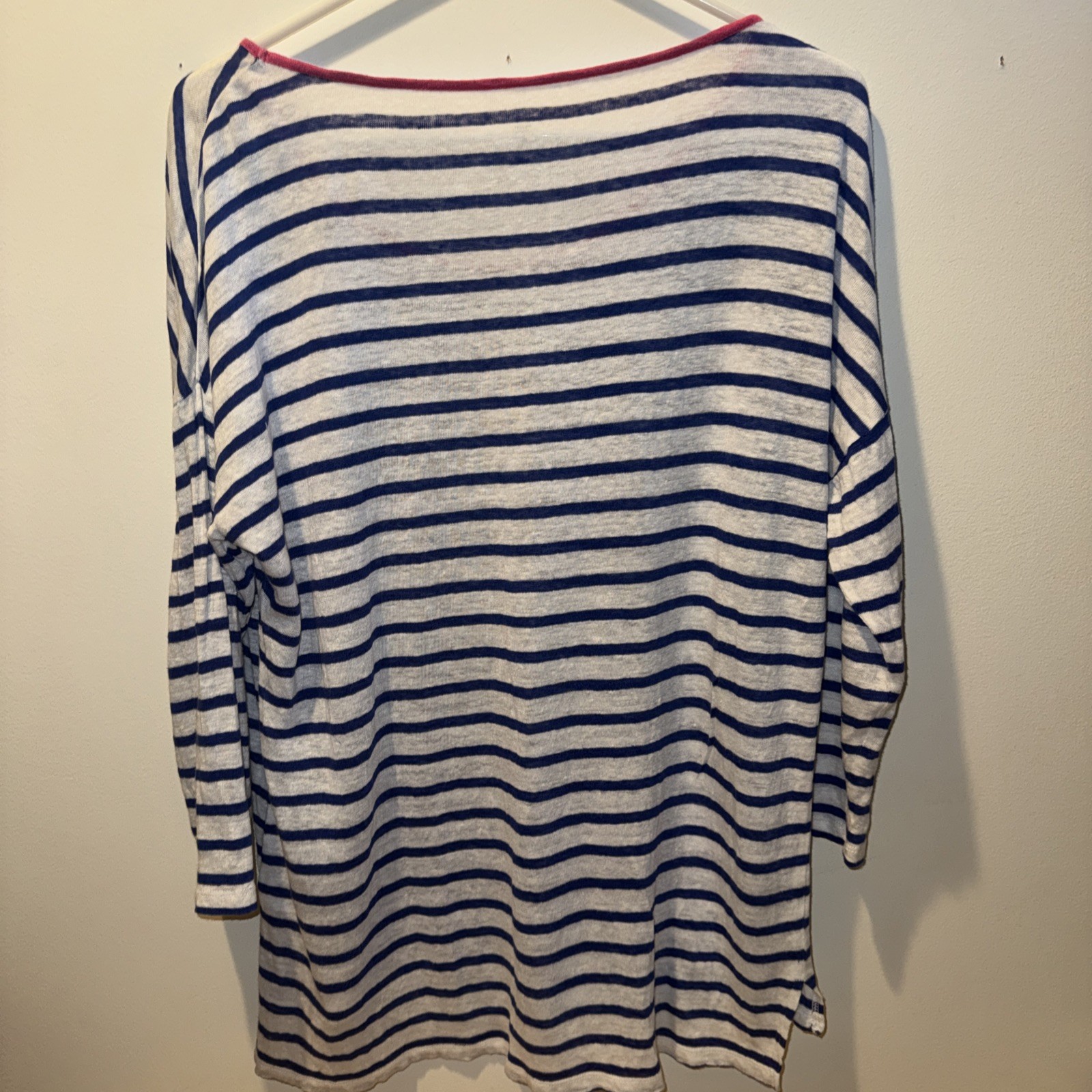 Talbots Woman Top Linen Pullover Tee Size Large Blue White Striped Relaxed Fit
