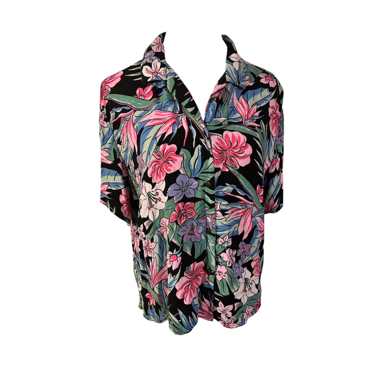 vibrant hawaiian button down women’s size medium short sleeve blouse wild fable