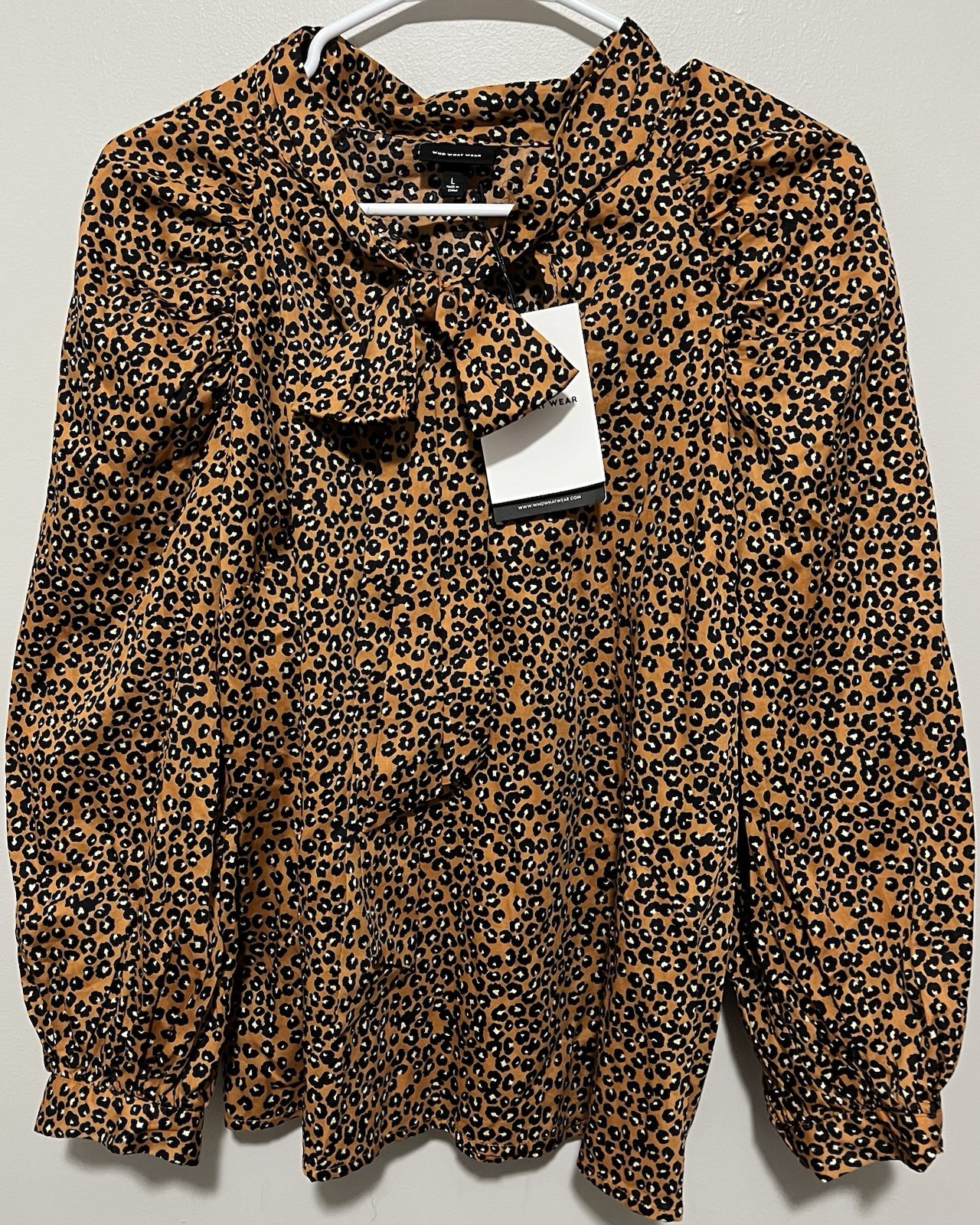 Womens WHO WHAT WEAR Leopard Print Balloon Long Sleeve Bow Blouse Sz L