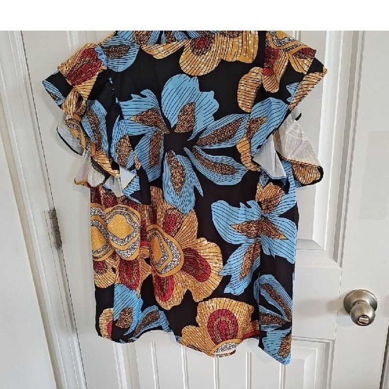 Floral Ruffle Sleeve Button Down Blouse Blue Yellow Pleated Front Women medium