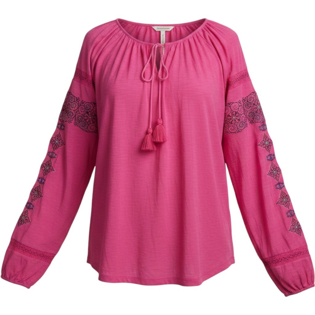 Sundance Pink Embroidered Tassel Peasant Top Slub Cotton Boho Blouse XL