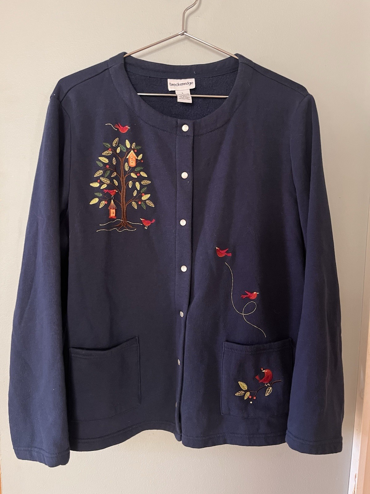 Breckenridge Womens Navy Blue Top Sweatshirt Embroidered Birds SZ Large