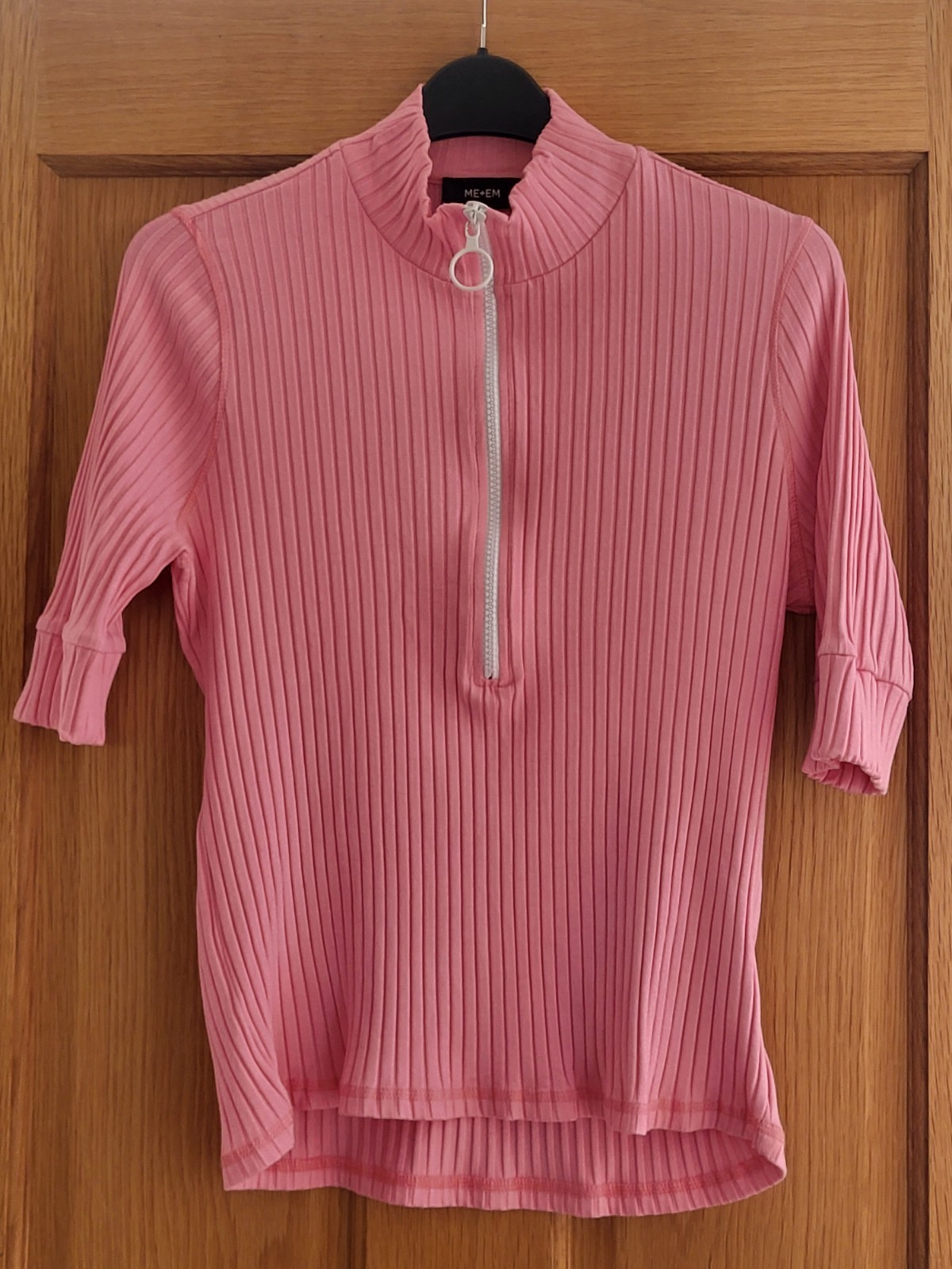 ME+EM Pink Ribbed Half Zip Top Sz 16 Stretch Viscose Pit to Pit 18 Short Sleeve