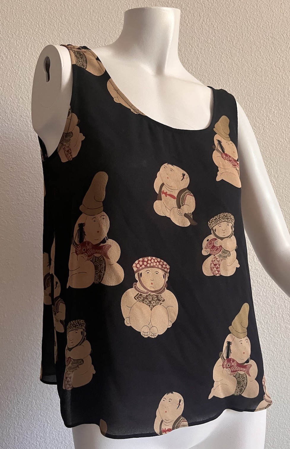 Harari 100% Silk Novelty Print Tank Top Womens Small Asian Folk Art Black Buddha