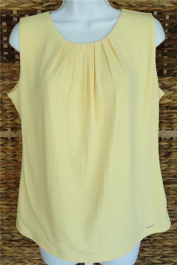 CALVIN KLEIN WOMENS YELLOW PLEAT NECK SLEEVELESS TOP BLOUSE SIZE XL NWT $39