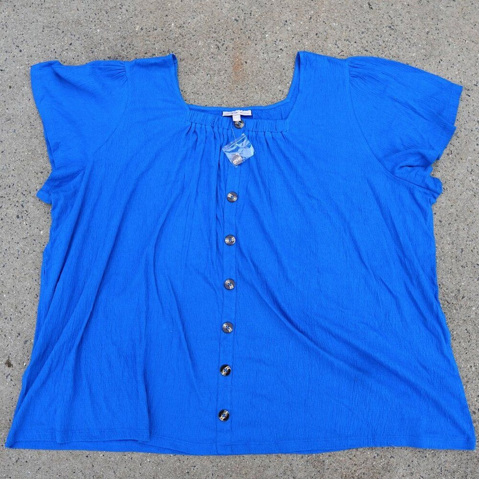 Woman Within 4X Royal Blue Square Neck Top Button Front Crinkle Blouse NWOT 4XL