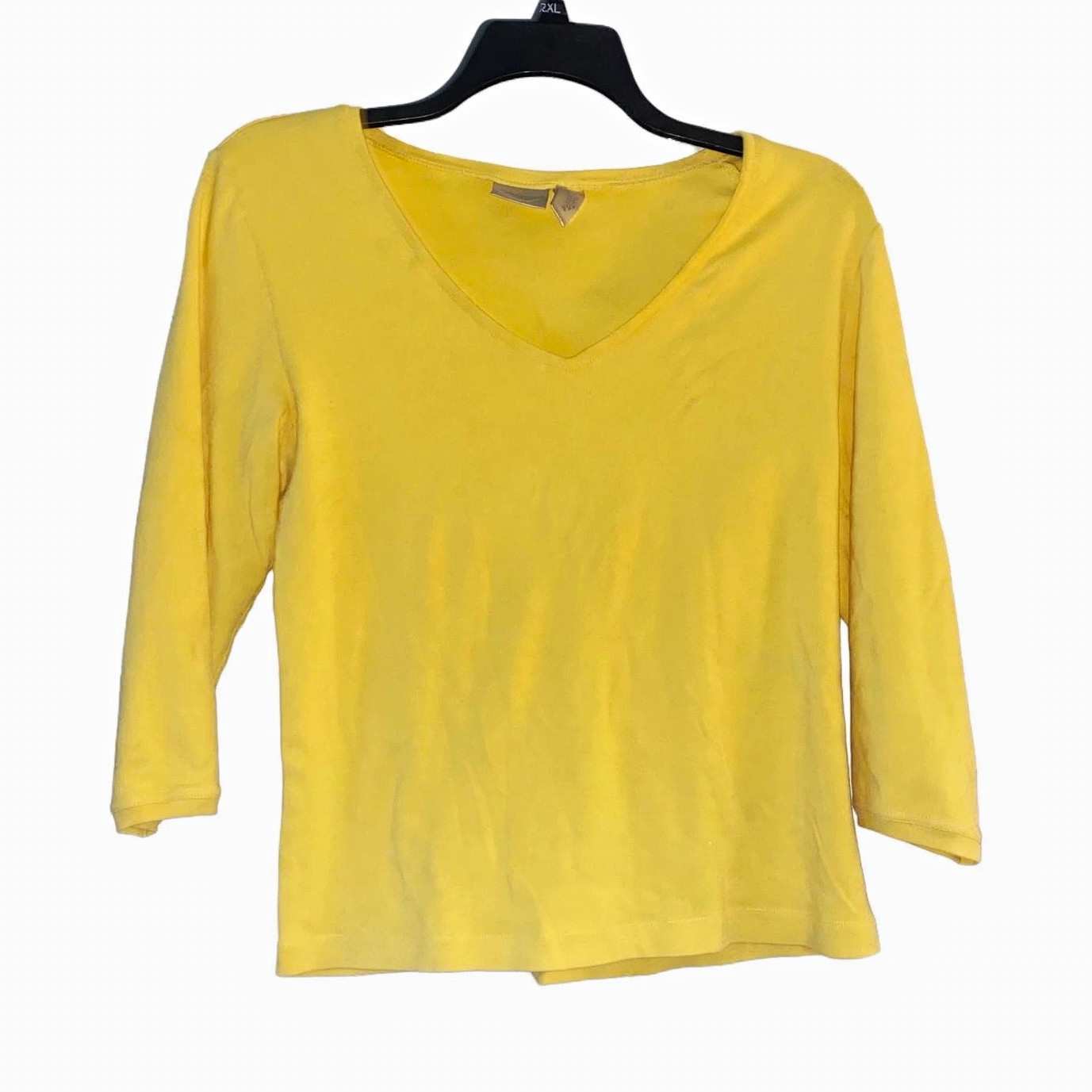 Chico’s Women’s 2 Yellow Solid V-Neck 3/4 Sleeve Knit Top Cotton/Spandex