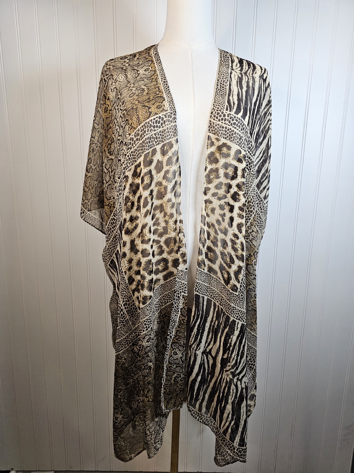 Jessica McClintock Kimono Leopard Rhinestones Sheer Cardigan Boho Cover Up OS