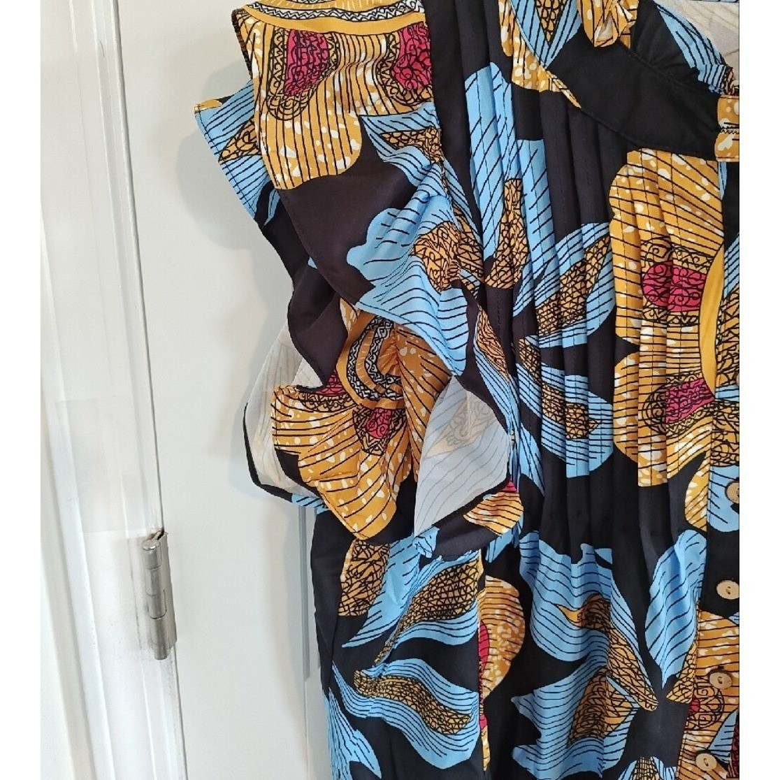 Floral Ruffle Sleeve Button Down Blouse Blue Yellow Pleated Front Women medium