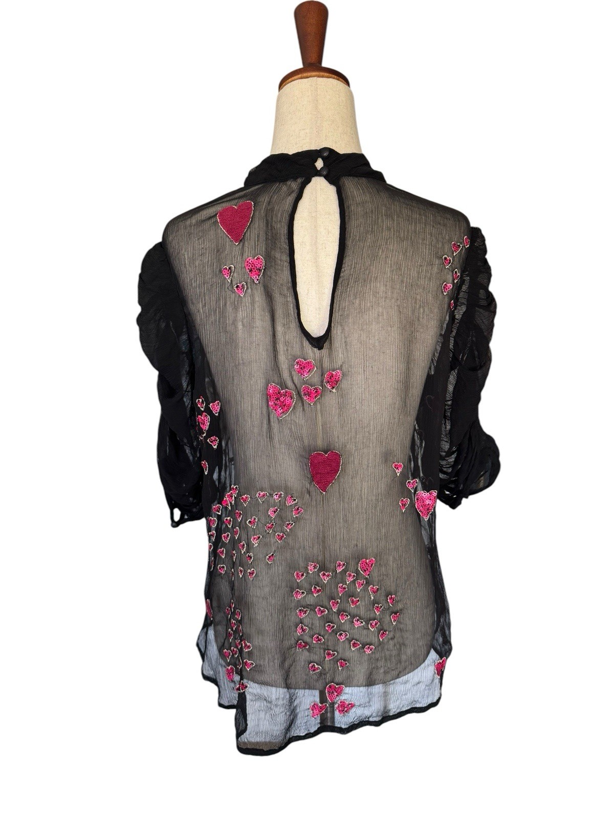 Free People “So in Love” Embroidered Heart Beaded Sheer Blouse Vintage 30s Style