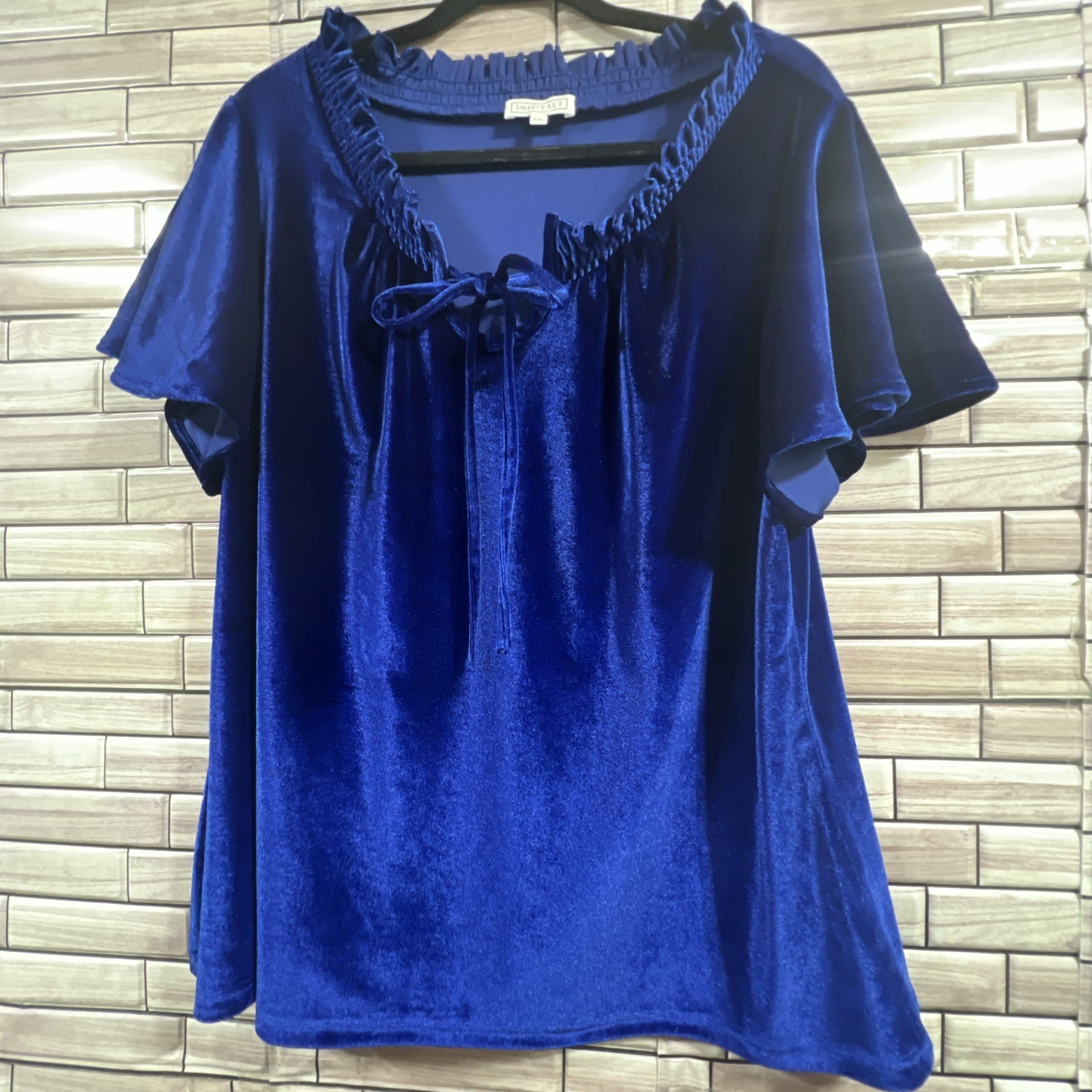 Seasalt womens XXL Top Velvet blue tie key hole neck short sleeve machine wash