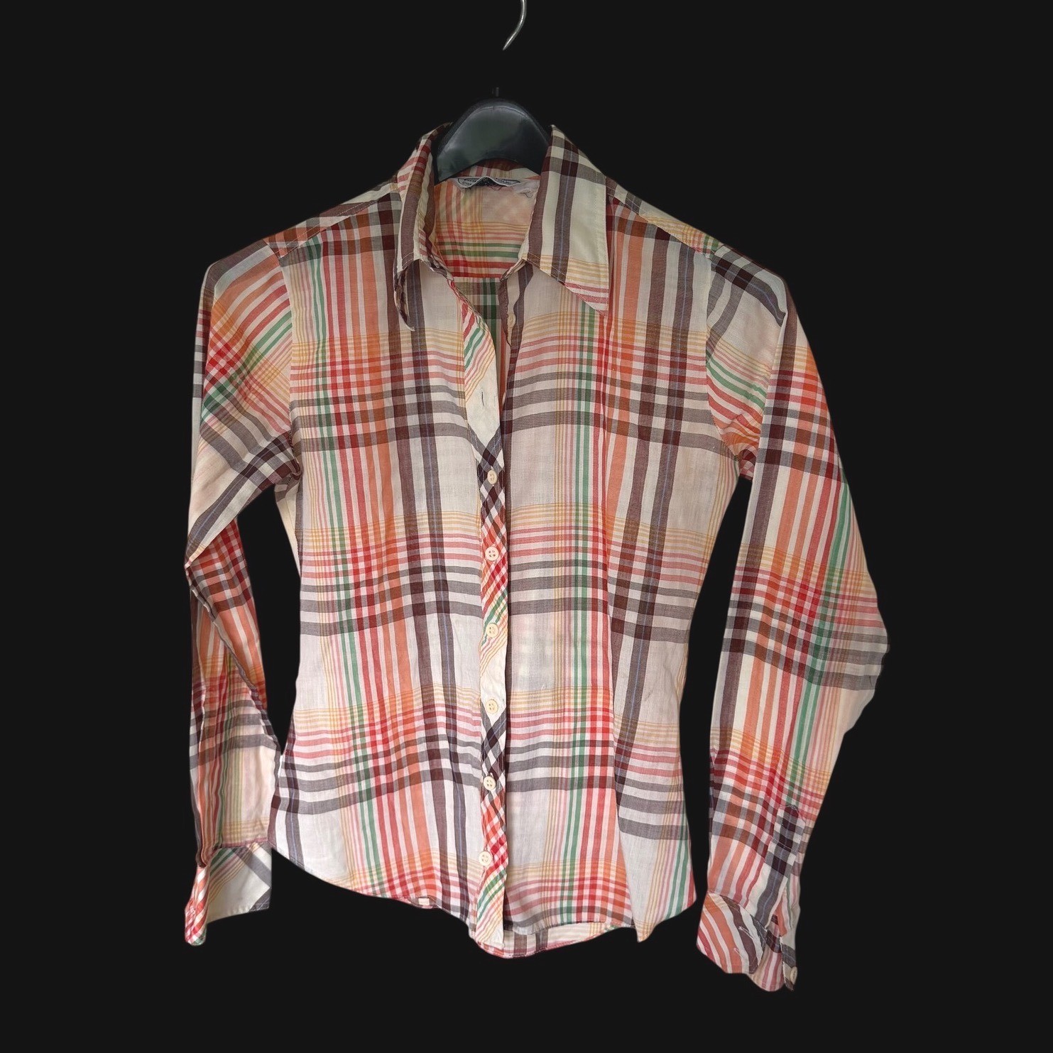 Huka-Poo Vintage 70s Plaid Button Up Shirt Orange Green Pointed Collar